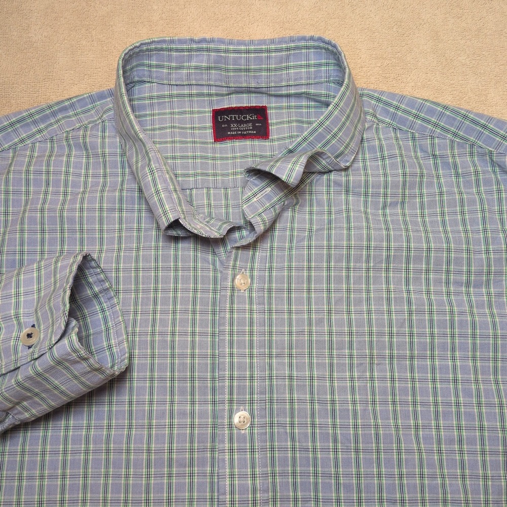 UNTUCKit Shirt Mens Size XXL Blue/Green Plaid Long Sleeve 100% Cotton Button Up